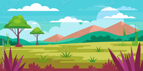 Scenic grasslands landscape with hills and trees under blue sky