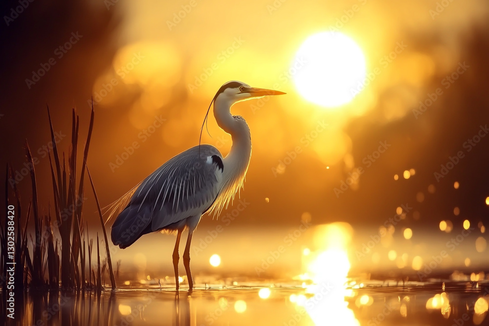 Naklejka premium Close-up of an elegant grey heron standing on the shore, golden hour lighting, soft-focus background with reeds and water in bokeh, high-resolution photography.