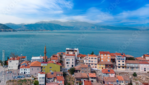 Aerial view photo by drone of city Egirdir scenic townscape and lake in Turkey