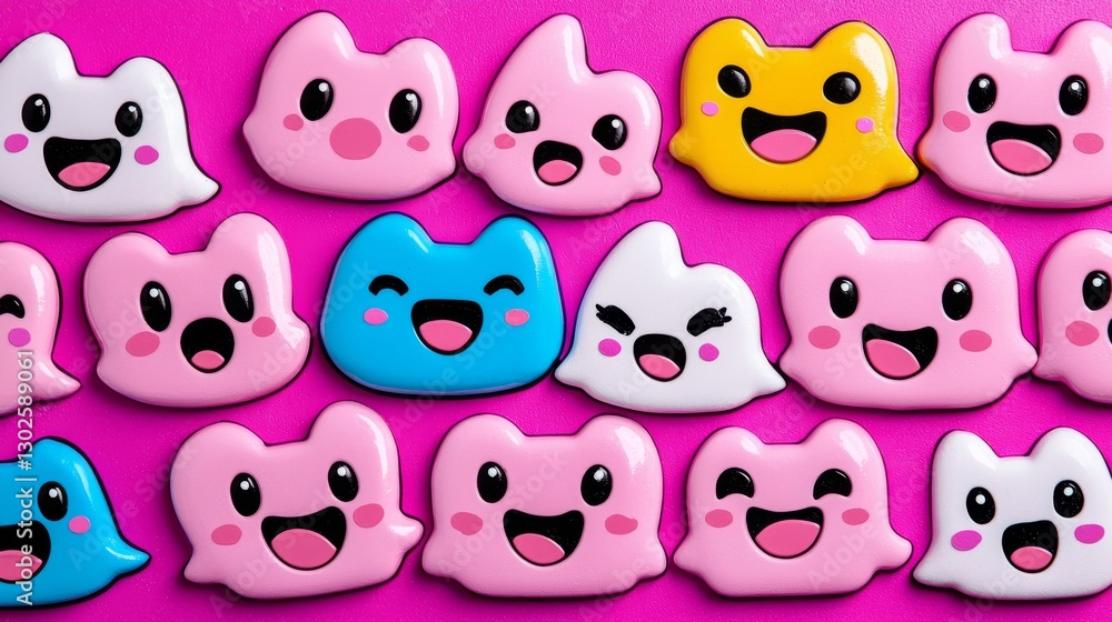 Fototapeta premium Colorful Kawaii Faces on Pink Background: Playful Cartoon Expressions for Creative Design