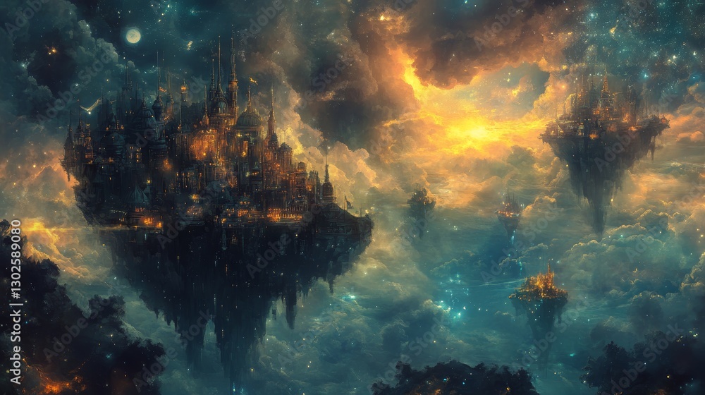 Fototapeta premium Celestial Cities: A Fantasy Landscape of Floating Islands and Starry Skies