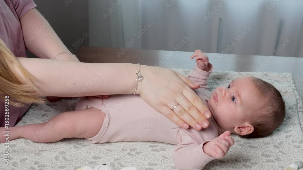 Loving young mother making massage to cute newborn baby on table. Infant health and strengthening exercises at home. Loving young mother making massage to cute newborn baby on table. Infant health and strengthening exercises at home.