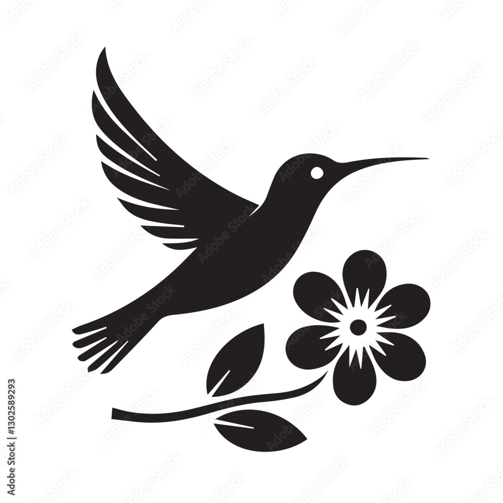 Obraz premium Abstract black and white bird illustration with a silhouette of a hummingbird, crow, and sparrow in flight, featuring wings, beak, and feathers in a simple, cute, and artistic design