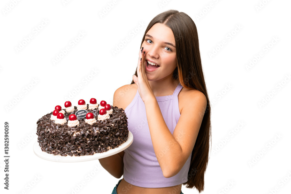 Teenager caucasian girl holding birthday cake over isolated background whispering something Teenager caucasian girl holding birthday cake over isolated background whispering something