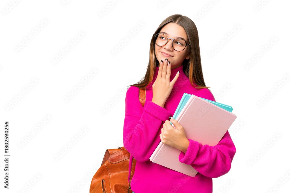 Teenager student caucasian girl over isolated background looking up while smiling Teenager student caucasian girl over isolated background looking up while smiling