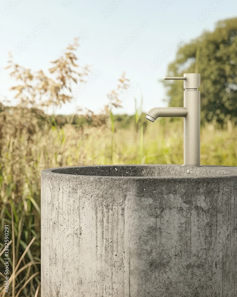 Fototapeta premium Minimalist Concrete Outdoor Sink with Modern Faucet in Natural Garden Setting