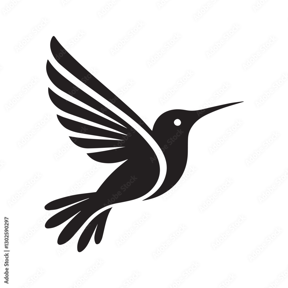 Obraz premium Abstract black and white bird illustration with a silhouette of a hummingbird, crow, and sparrow in flight, featuring wings, beak, and feathers in a simple, cute, and artistic design