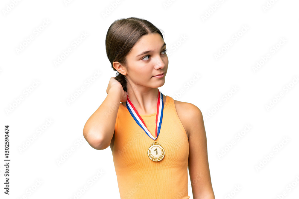 Teenager caucasian girl with medals over isolated background thinking an idea Teenager caucasian girl with medals over isolated background thinking an idea