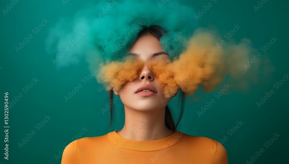 A young woman's face is partially obscured by vibrant teal and orange smoke, creating a surreal and artistic portrait A young woman's face is partially obscured by vibrant teal and orange smoke, creating a surreal and artistic portrait