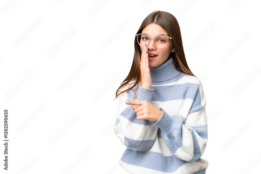 Teenager girl over isolated chroma key background pointing to the side to present a product and whispering something Teenager girl over isolated chroma key background pointing to the side to present a product and whispering something