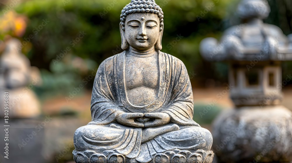 Serene Stone Buddha Statue in a Tranquil Garden Setting Serene Stone Buddha Statue in a Tranquil Garden Setting