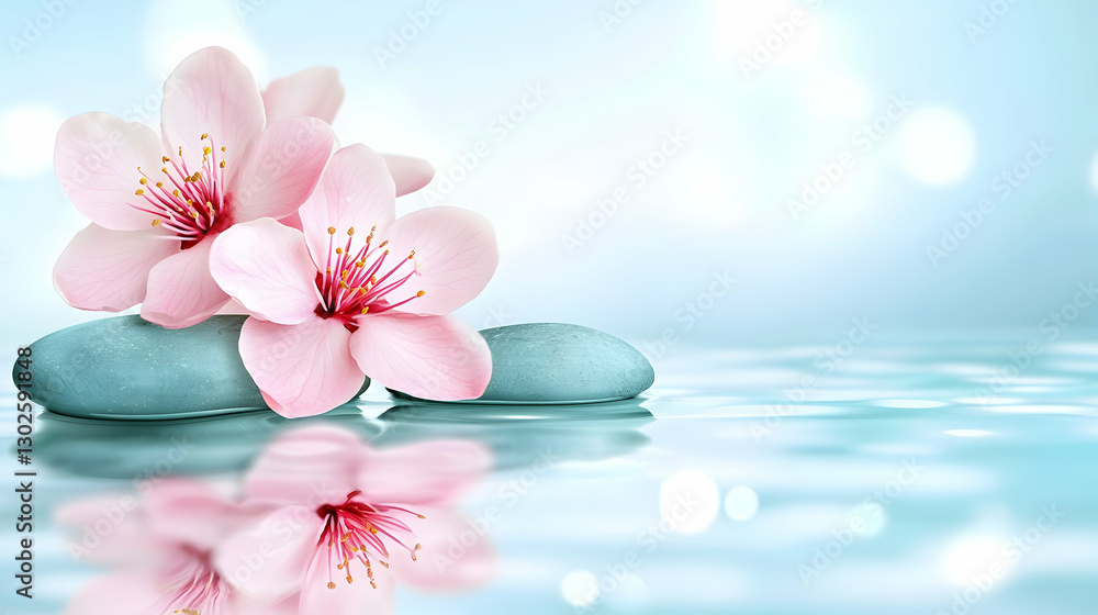 Pink Flowers and Smooth Stones Resting on Calm Water Pink Flowers and Smooth Stones Resting on Calm Water