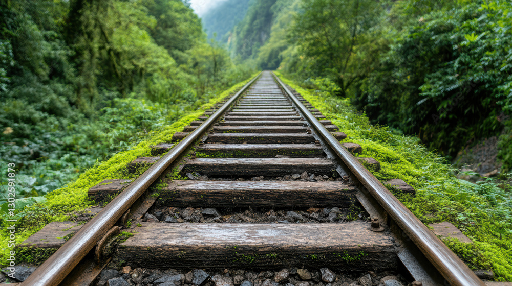 Fototapeta premium long forgotten railway track covered in thick green moss and surrounded by lush trees
