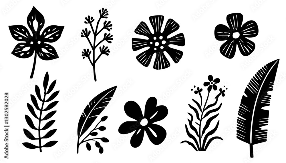 Beautiful tropical flower and plants set. Vector silhouette exotic floral leaves. Floral leaf decoration. Beautiful tropical flower and plants set. Vector silhouette exotic floral leaves. Floral leaf decoration.