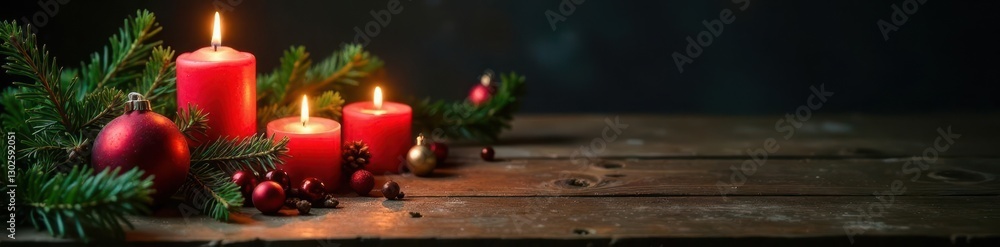 Darkened wooden table with candles and evergreen branches, festive decor, holiday Darkened wooden table with candles and evergreen branches, festive decor, holiday