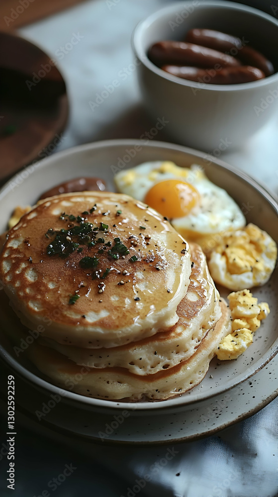 Delicious Stack Of Pancakes With Eggs And Sausages Delicious Stack Of Pancakes With Eggs And Sausages