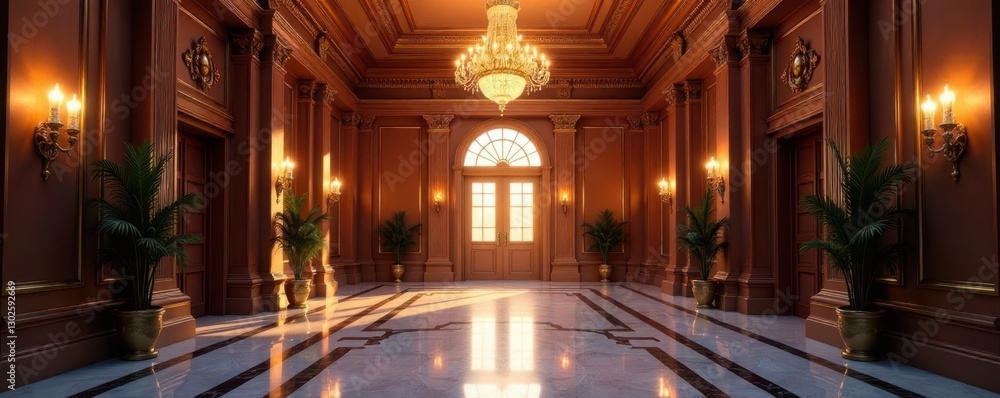 Fototapeta premium Grand entrance hall with high ceiling and chandelier, opulent lighting, grand entrance, high ceiling