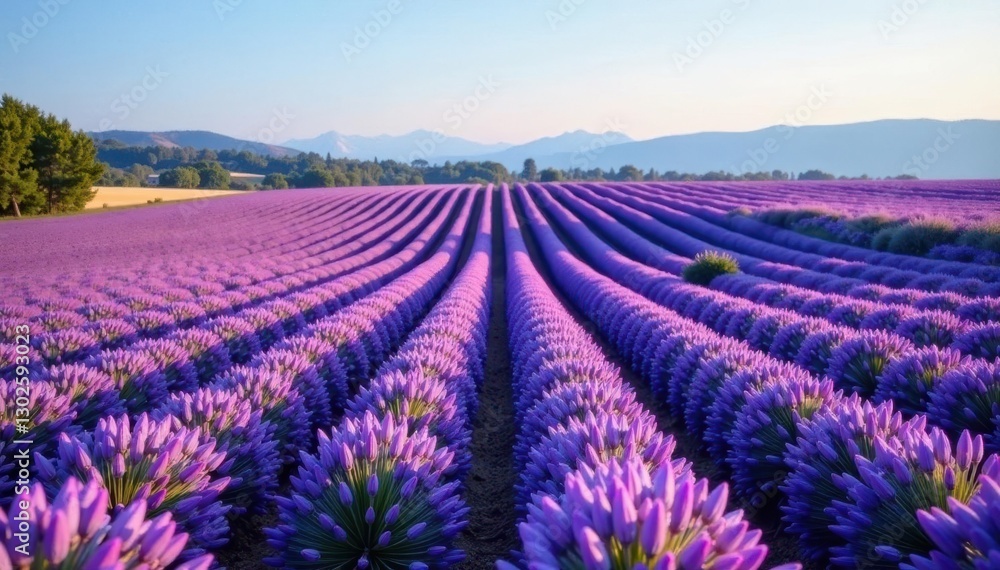 Obraz premium Lavender fields with diagonal rows of tall flowers in the distance, serene, nature, diagonal