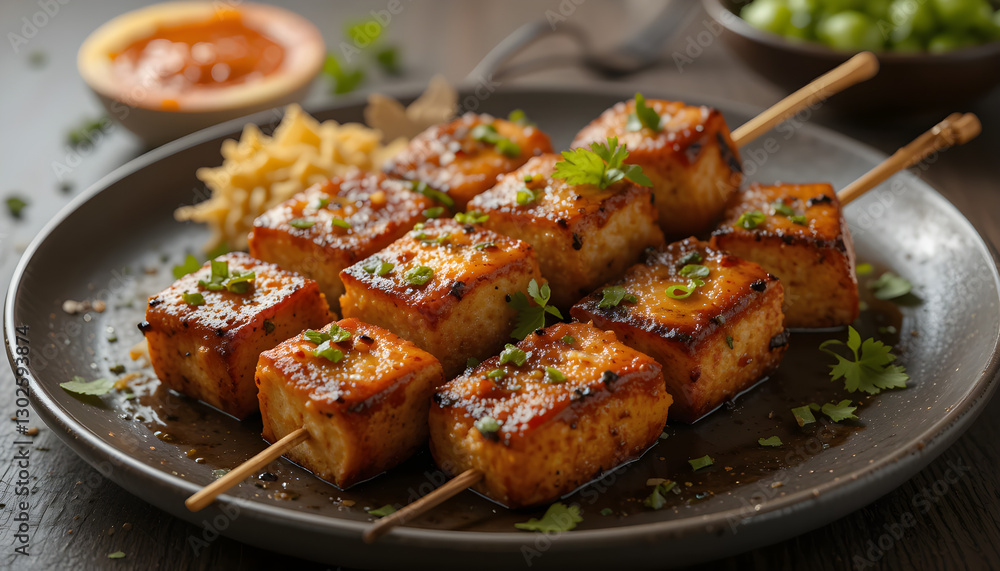 Grilled Paneer Skewers with Fresh Cilantro on a White Plate
Grilled Paneer Skewers with Fresh Cilantro on a White Plate