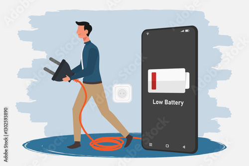 Man holding a mobile phone charger cable and low battery symbol on phone screen.