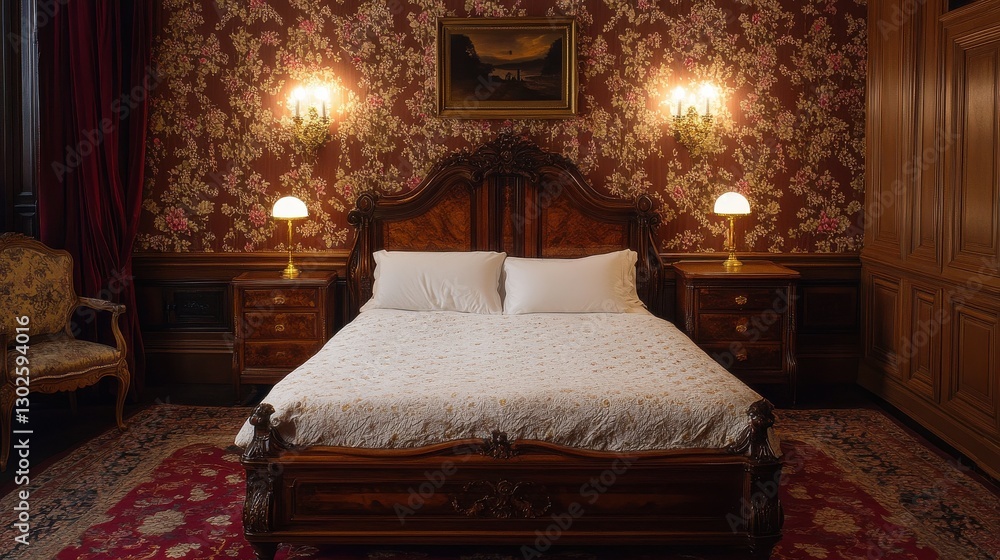 Fototapeta premium Elegant vintage bedroom with floral wallpaper and wooden furniture