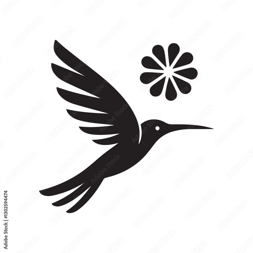 Obraz premium Abstract black and white bird illustration with a silhouette of a hummingbird, crow, and sparrow in flight, featuring wings, beak, and feathers in a simple, cute, and artistic design