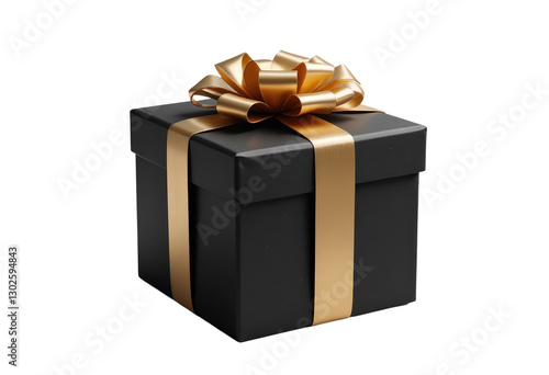 Black gift box with gold ribbon and bow, transparent background