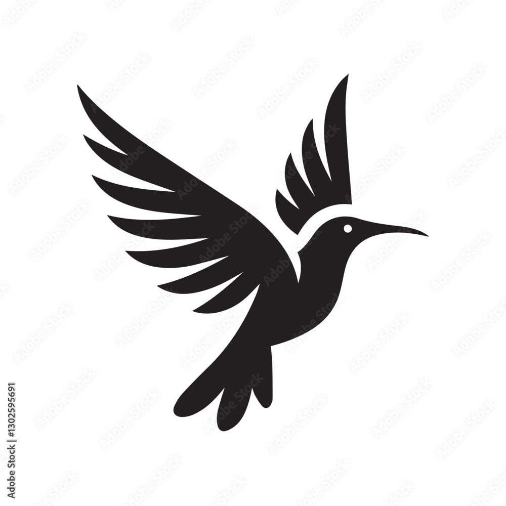 Fototapeta premium Abstract black and white bird illustration with a silhouette of a hummingbird, crow, and sparrow in flight, featuring wings, beak, and feathers in a simple, cute, and artistic design
