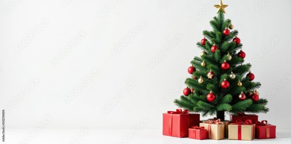 Ornamented Christmas tree with wrapped gifts beneath, white background, merry, joyful, christmas eve Ornamented Christmas tree with wrapped gifts beneath, white background, merry, joyful, christmas eve