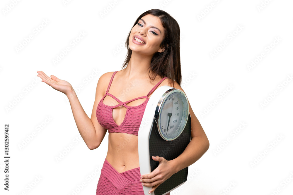 Young Russian woman with rainproof coat and umbrella over isolated chroma key background with weighing machine Young Russian woman with rainproof coat and umbrella over isolated chroma key background with weighing machine