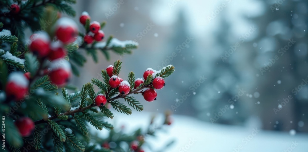 Tree with red berries and snowflakes in a frosty atmosphere, festive, winter Tree with red berries and snowflakes in a frosty atmosphere, festive, winter