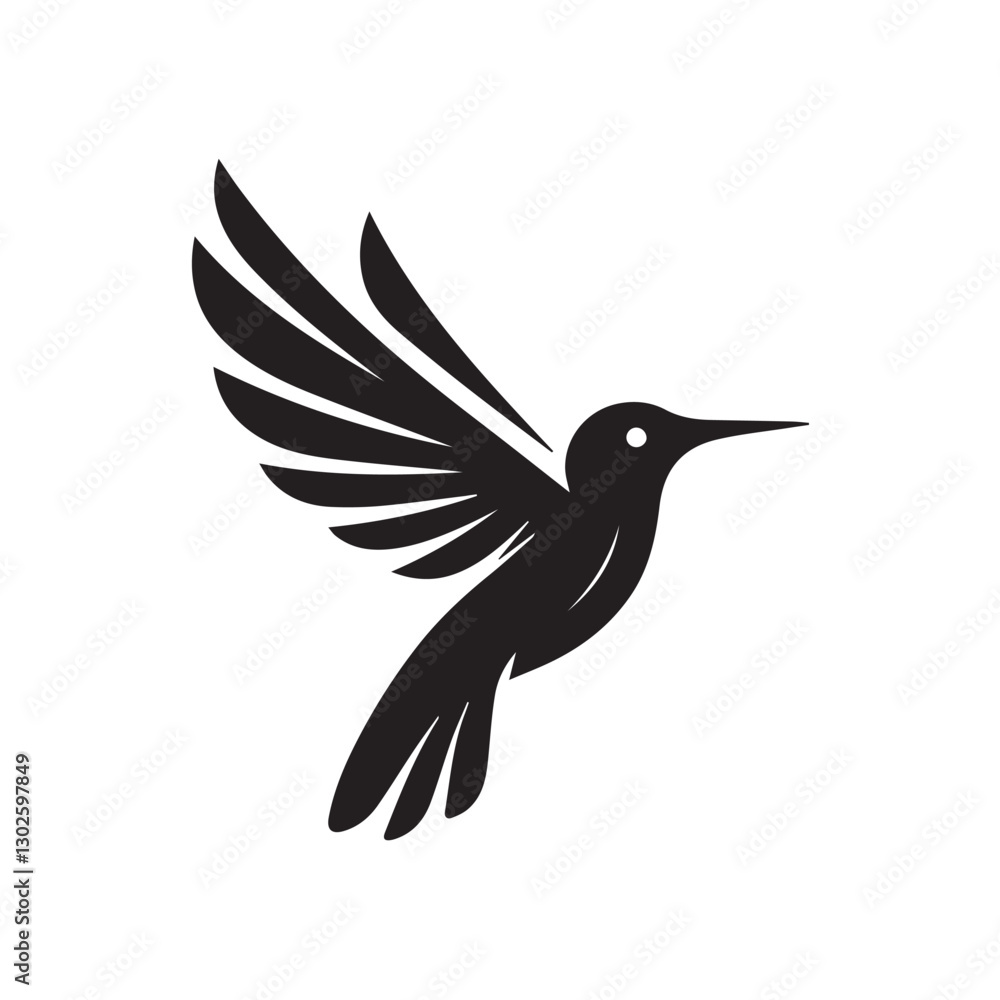 Obraz premium Abstract black and white bird illustration with a silhouette of a hummingbird, crow, and sparrow in flight, featuring wings, beak, and feathers in a simple, cute, and artistic design