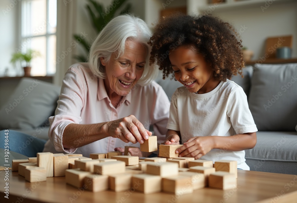 Fototapeta premium Joyful Family Moments: Diverse Grandmother and Granddaughter Playing Together with Wooden Blocks, Creating Happy Childhood Memories in Cozy Living Room