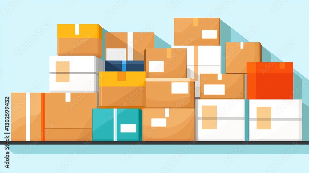 Colorful Stacked Boxes on a Shelf in a Modern Warehouse Setting Colorful Stacked Boxes on a Shelf in a Modern Warehouse Setting