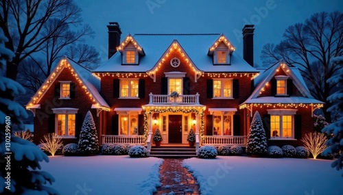 Dazzling fairy lights adorn the mansion's facade with snowflakes, refined, high-end, fairy