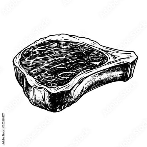 Detailed engraved illustration of a ribeye steak showcasing its texture and cut in a vector design