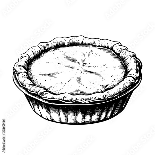 Engraved vector illustration of a traditional pie in a dish showcasing intricate detailing and texture