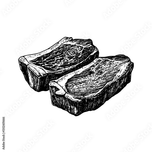 Engraved illustration of two pieces of premium beef steak on a simple white background