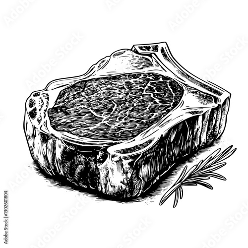 Detailed engraving of a juicy steak with herbs showcasing culinary artistry in food illustration