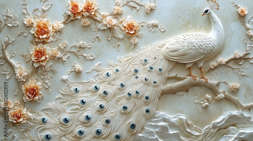 A beautifully crafted relief of a peacock perched on a branch, surrounded by delicate flowers, showcasing intricate details and vibrant colors.