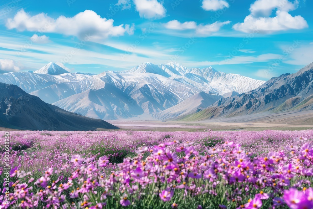 High Resolution Visual of Scenic Desert Landscape with Flowers and Snowcapped Mountains High Resolution Visual of Scenic Desert Landscape with Flowers and Snowcapped Mountains