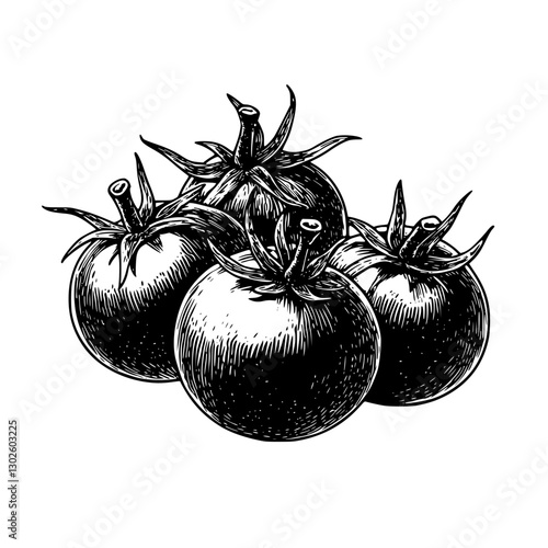 Engraved illustration of four fresh tomatoes with detailed shading on a white background