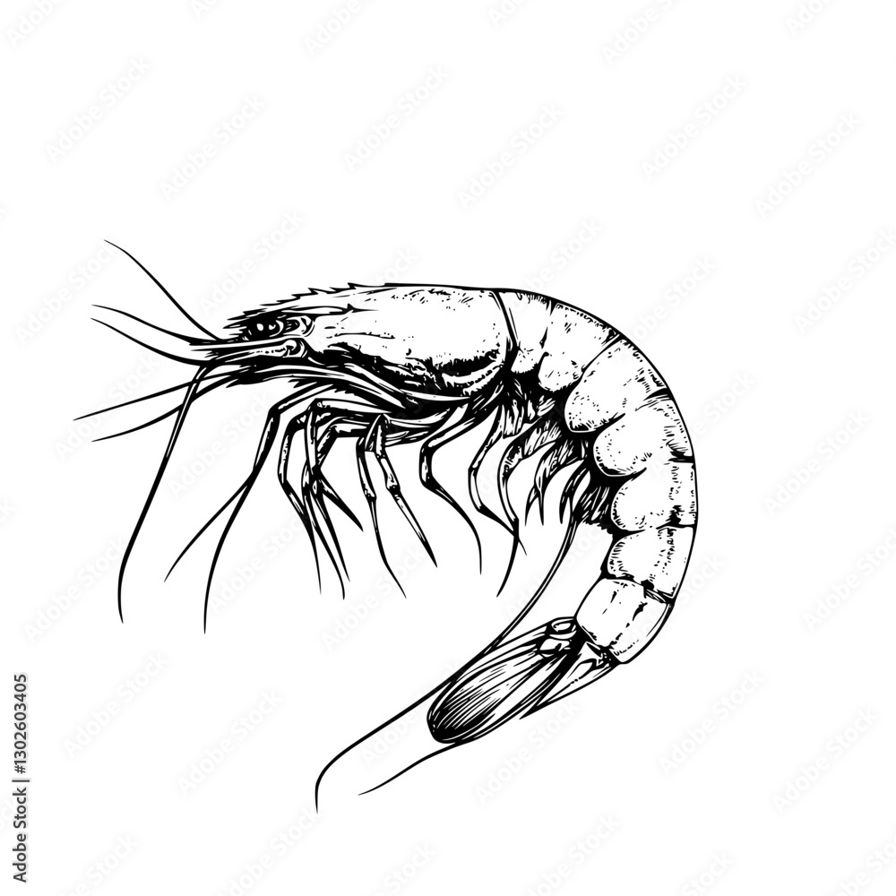 Fototapeta premium Detailed engraved illustration of a shrimp showcasing its anatomy and features in a clear vector design