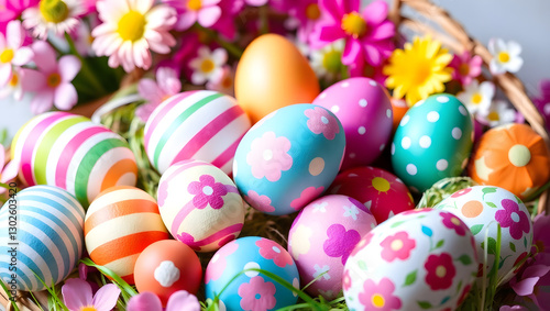 a basket filled with colorful decorated Easter eggs and flowers, creating a festive scene