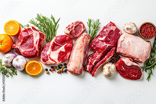 Raw meat assortment on white background. Generative AI