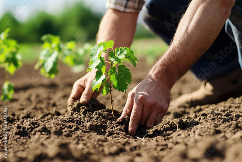 Close-up of hands planting a young vineyard plant in the soil at a farm on a sunny day.
