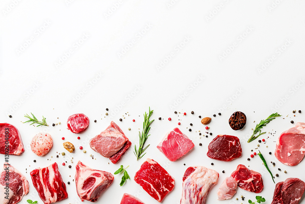Raw meat assortment on white background. Generative AI