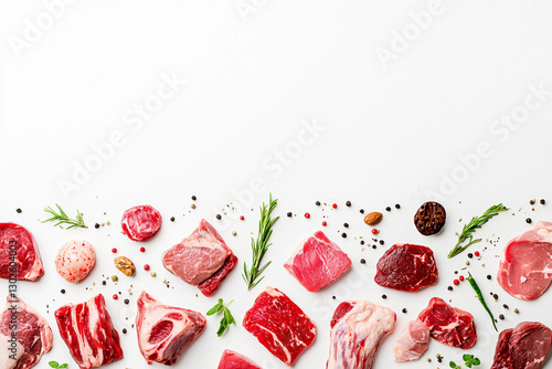 Raw meat assortment on white background. Generative AI