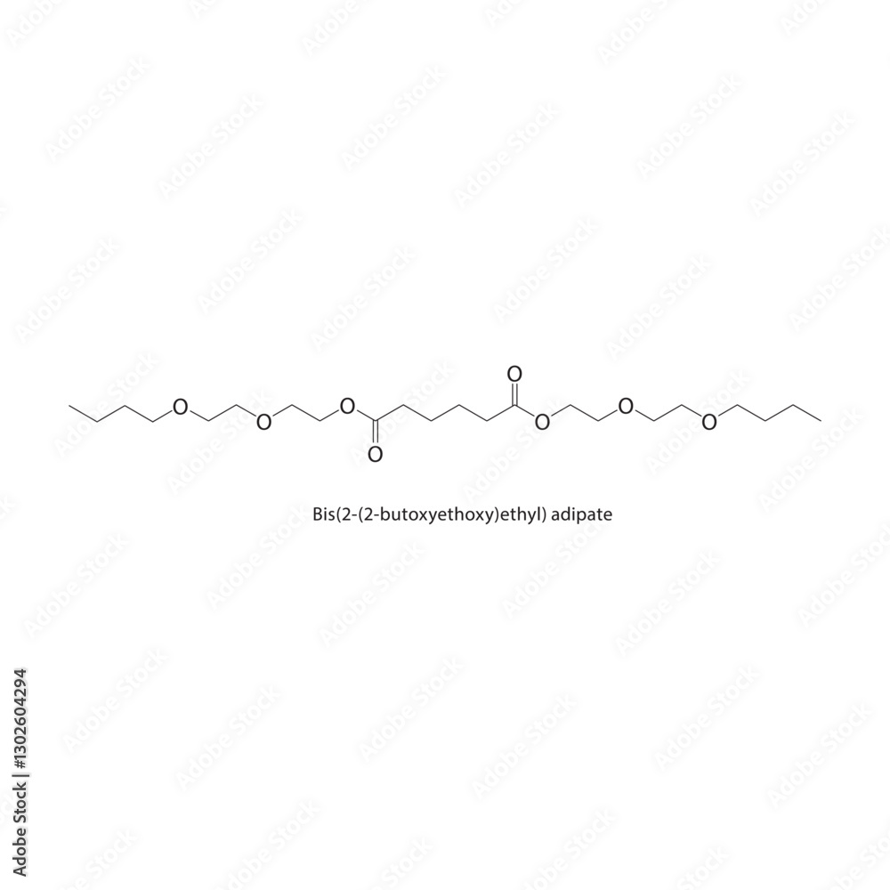 Bis(2-(2-butoxyethoxy)ethyl) adipate skeletal structure.Ester compound schematic illustration. Simple diagram, chemical formula. Bis(2-(2-butoxyethoxy)ethyl) adipate skeletal structure.Ester compound schematic illustration. Simple diagram, chemical formula.