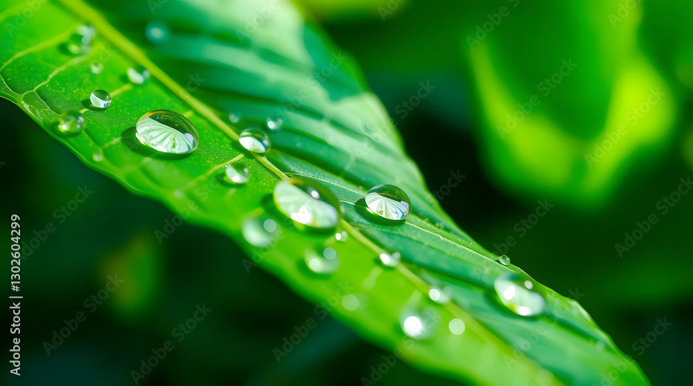 Naklejka premium a close-up shot of a vibrant green leaf adorned with glistening water droplets, showcasing the beauty of nature